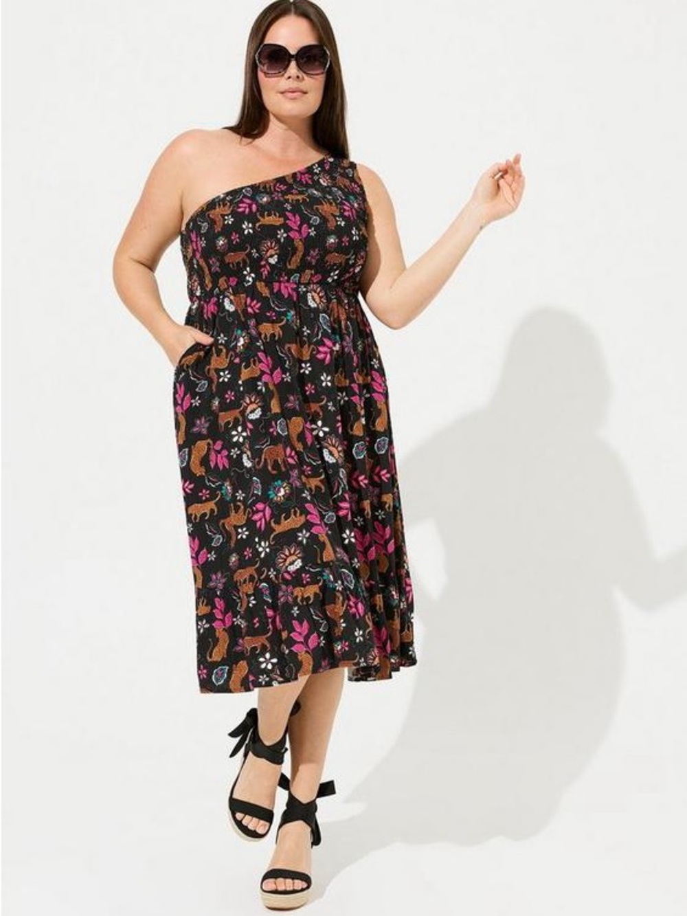 Torrid Midi Challis One-Shoulder Dress Leopard Leaves Deep Black Plus Size 5X